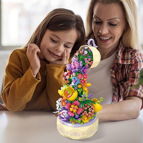 Miniatura 6 de Mesiondy Juego de flores de construcción, caja giratoria de música de flores, con luz, con mariposas, regalo de cumpleaños, kits de construcción de
