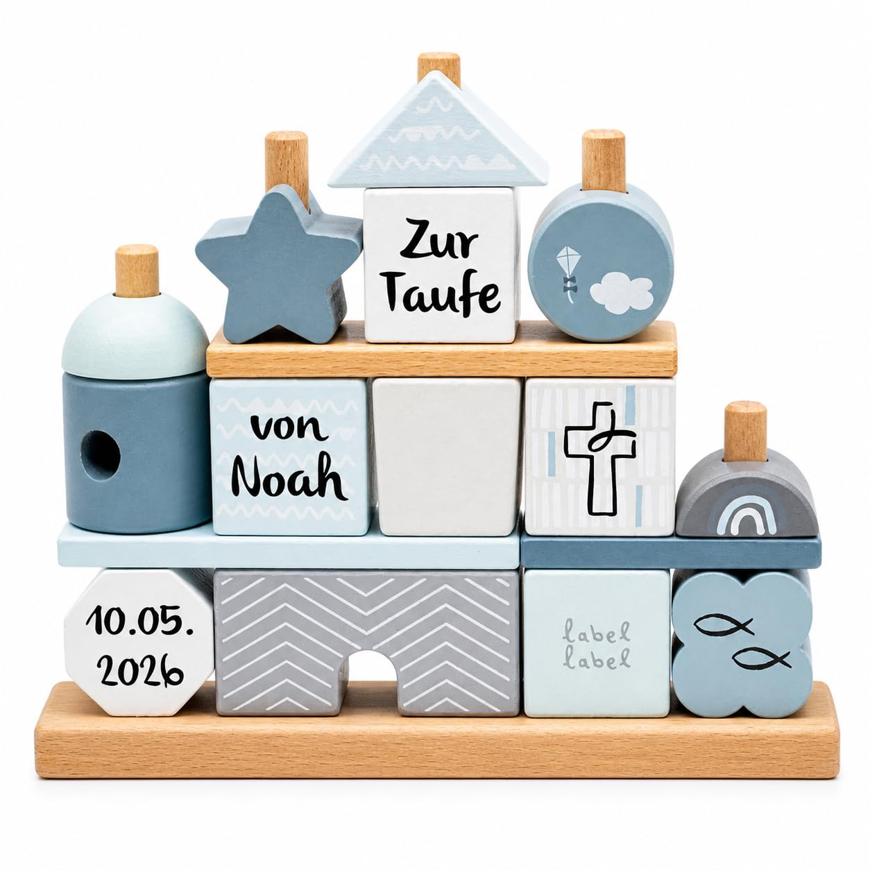 Personalisierbares Holz-Taufhaus Blau – fördert Feinmotorik & Vorstellungskraft – für Kinder ab 18 Monaten – personalisiert mit Namen und Taufdatum – Label Label