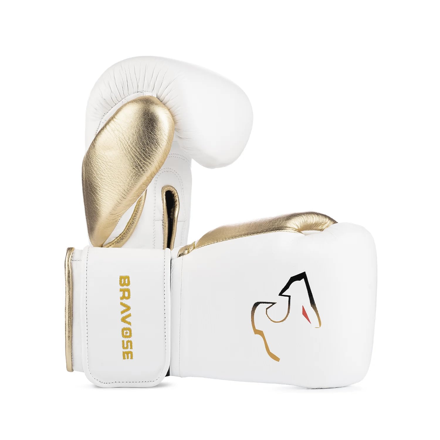 BRAVOSE Elite Pro Strap Boxing Gloves | Professional Leather Boxing Gloves for Punching Training, Sparring, MMA Kickboxing, Muay Thai Made By Premium Cow Hide Leather (White Gold, 16 Oz)
