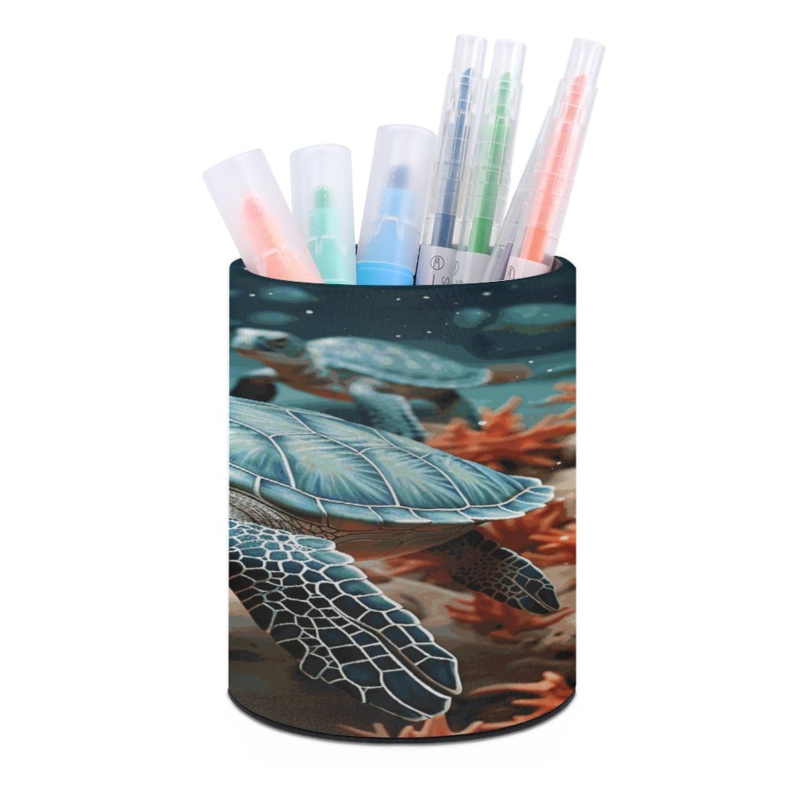 VstaDank Turtle Starfish Pen Holder Round Pencil Holder Cup Pen Container PU Leather Desk Organizer Stand Decor Brush Scissor Holders Decoration Office Desk Home (3.1 X 3.9 Inches)