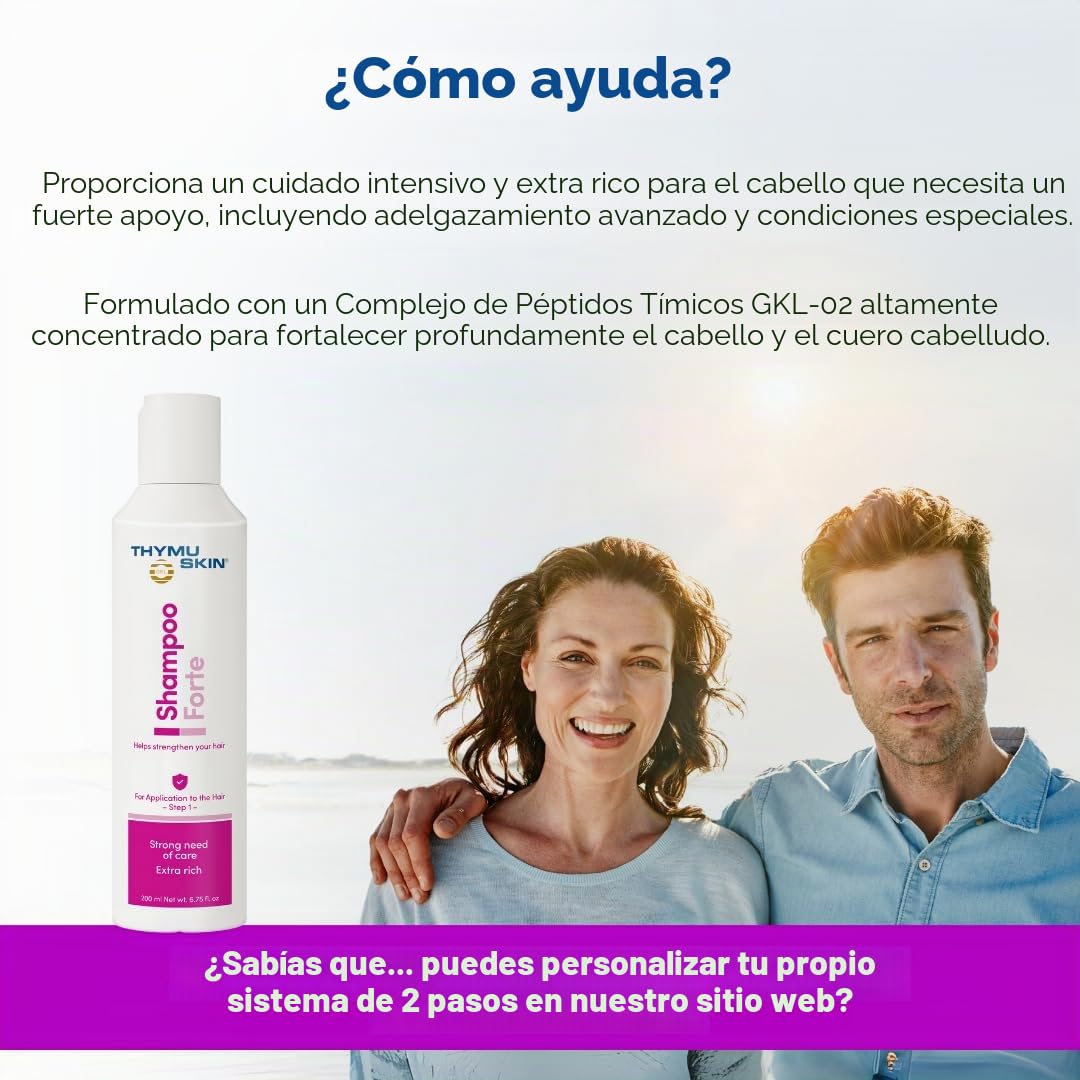 Thymuskin Forte Champú – Medio contra la caída del cabello fuerte para mujeres y hombres – Activa el crecimiento nuevo del cabello – confirmado por ensayos clínicos – no efectos secundarios – Puntos de cuidado premium – 200 ml