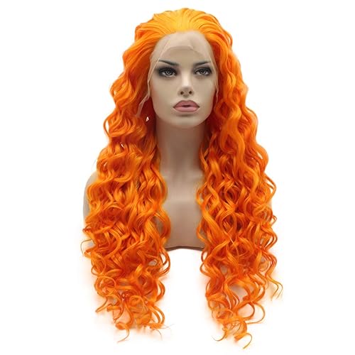 Lushy Peluca rizada rizada larga naranja de alta densidad media atada a mano resistente al calor sintético encaje frontal peluca