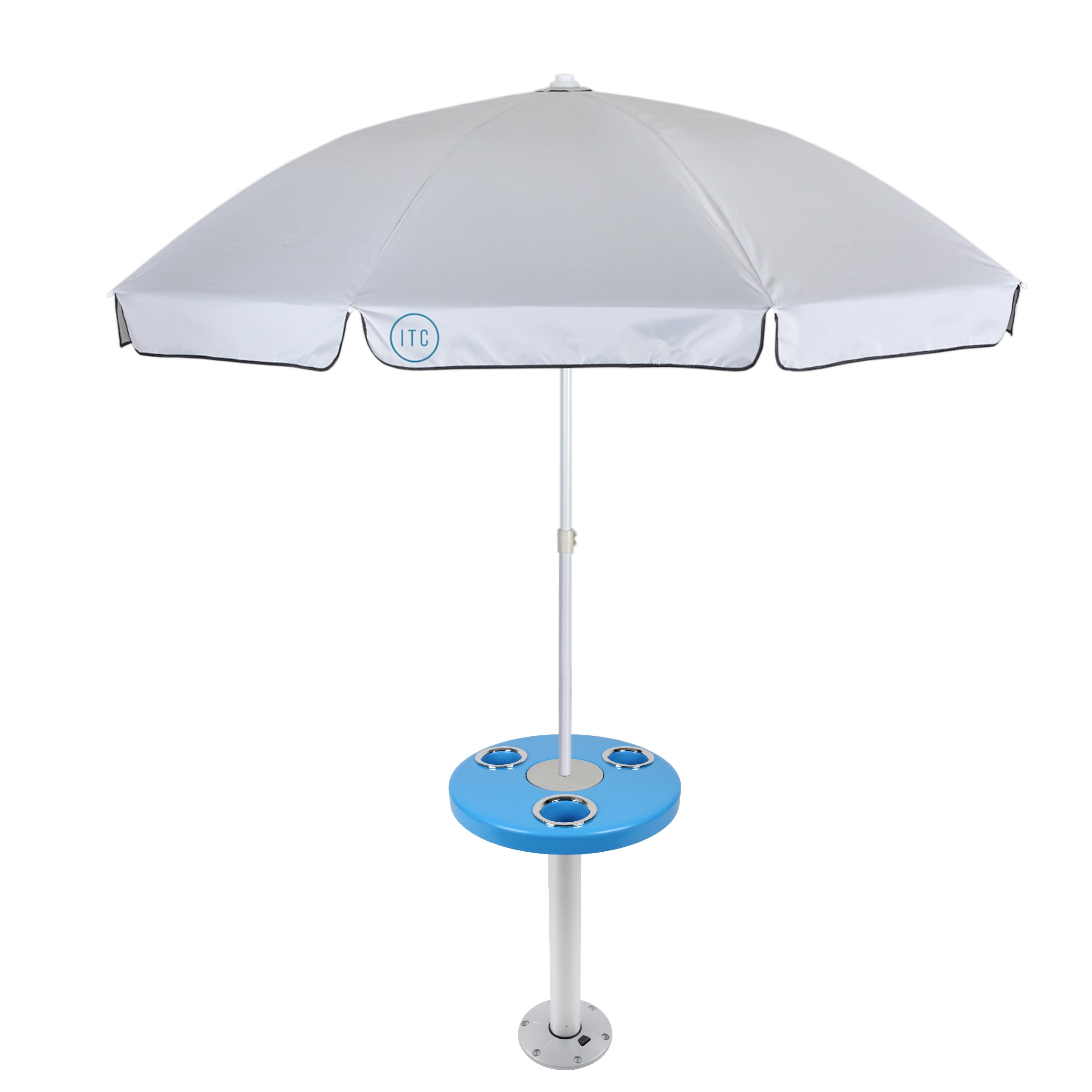 Manufacturers' Select ITC Round Boat Table with Umbrella and Table Leg for Pontoon, Dock, or Deck Boat – Fun Bright Colored Tabletop with 3 Extra-Large Drink Holders (Aqua Blue w/Silver Leg)