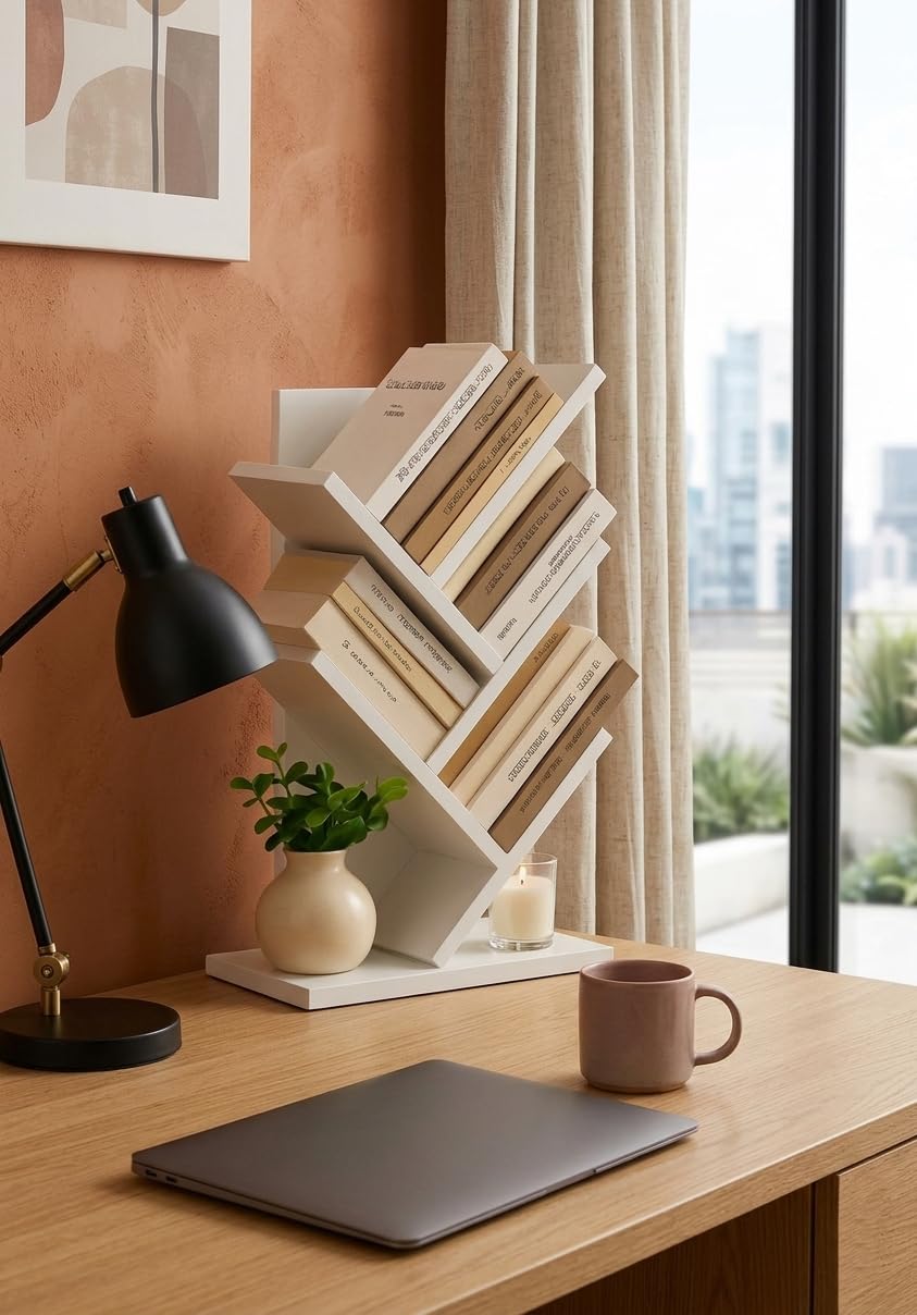 Decazone Modern Tree Bookshelf for Home & Office Tabletop Wooden Book Rack Organizer for Study Table, Desk & Living Room Space Saving Contemporary Book Holder for Books, Décor & Accessories White-image-20