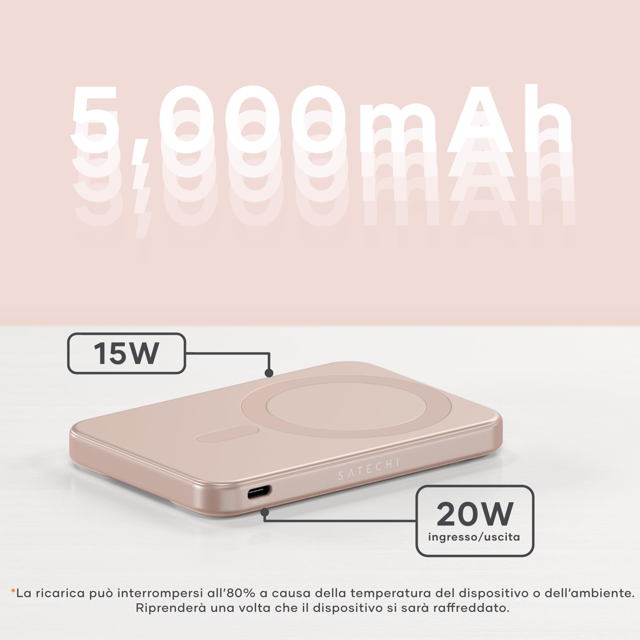 SATECHI OntheGo Power Bank MagSafe 5000mAh, Qi2, Supporto Integrato, Rosa | Ricarica wireless rapida 15W per iPhone e Android, compatibile con iPhone 17-12 e altro