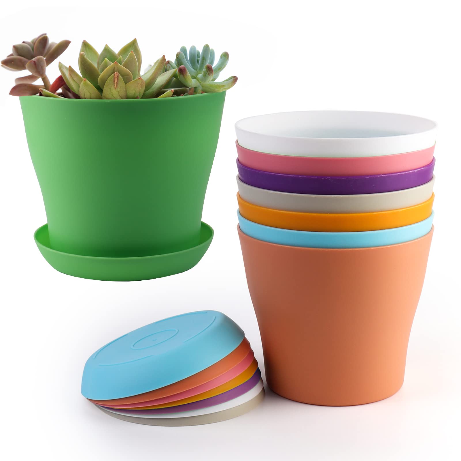 Chetexus Plastic Planter, 5.5 inch Flower Pot Indoor Modern Decorative Plastic Pots for Plants with Drainage Hole and Tray for All House Plants, Succulents, Flowers, and Cactus (8 clors)