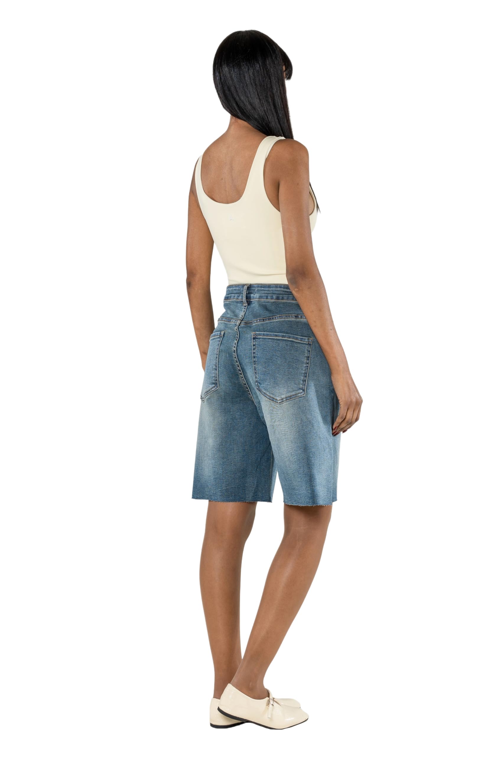 Nina Carter Short en jean pour femme P619 – Bermuda long en denim, coupe ample, ourlet effiloché, short d'été en jean stretch pour femme