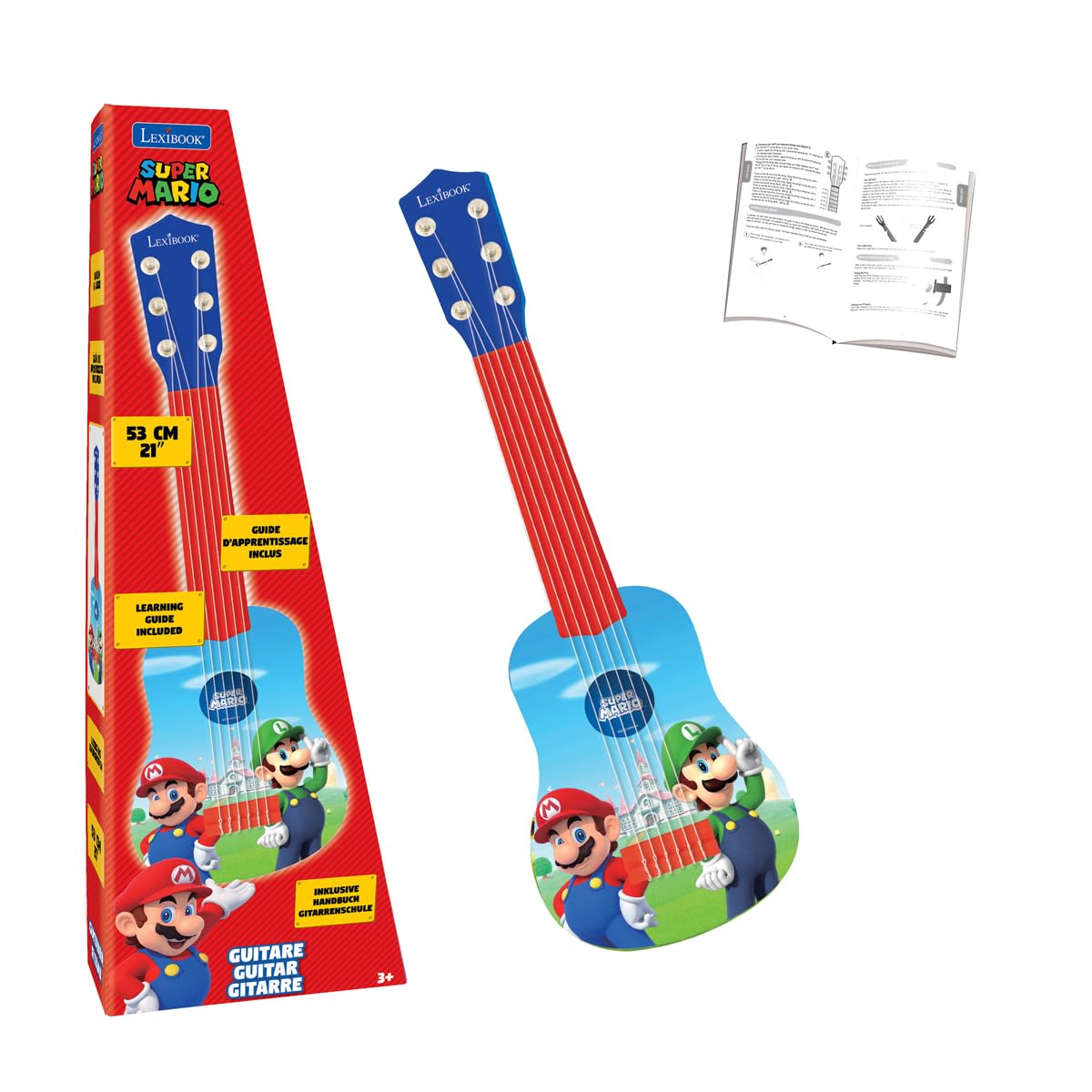 Lexibook Nintendo Mario Luigi My First Guitar, 6 Strun Nylonowych, 53 cm, Przewodnik w Zestawie, Niebieski, Czerwony, K200NI