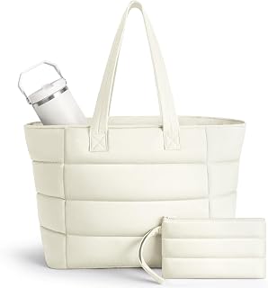 PASMAN Puffer Tote Bag for Women - Nurse Bag with Bottle Pocket | Lightweight quilted puffer for work and travel, soft padded daily carry, great for clinical shifts and weekend errands