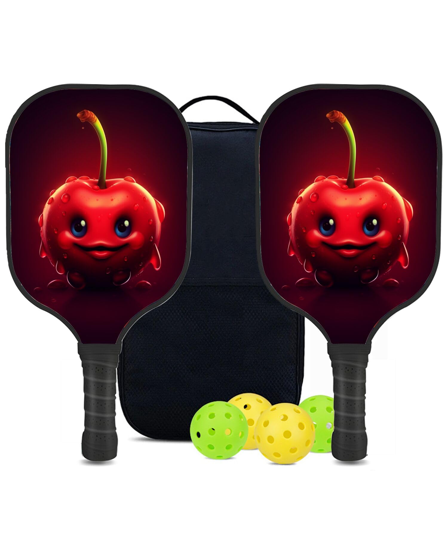 SHENCANG BLUE Custom Pickleball Paddles Set with 2 Pickleball Rackets 4 Pickle Balls 1 Carry Bag, Red Cherry-AZ803 Pattern, Carbon Fiber,Honeycomb Polymer Core & Comfort Grip