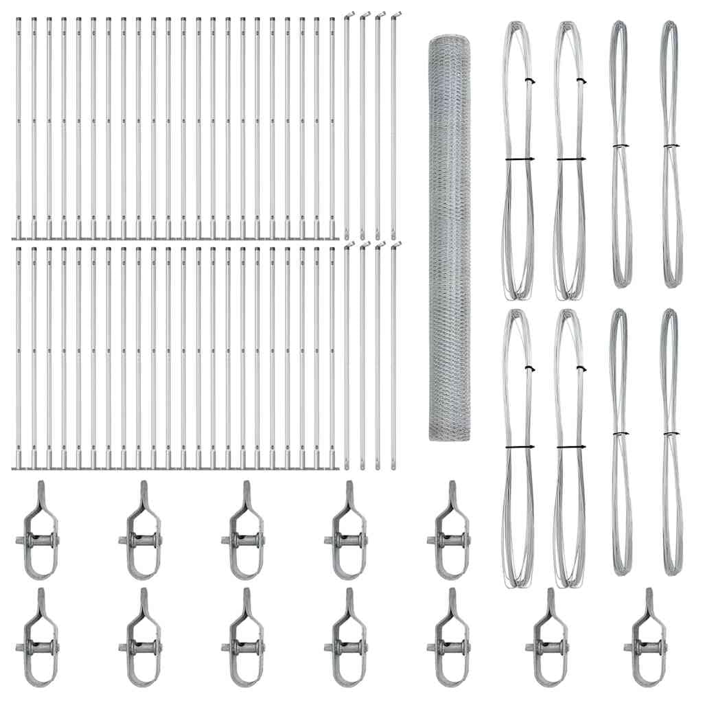 Outdoor Steel Fence Post Silver 100 x 1.5 m 25 mm Mesh Garden Security Barrier Set Corrosion Resistant Weatherproof Rectangle Shape for Terrace Patio Enclosure 44 Posts