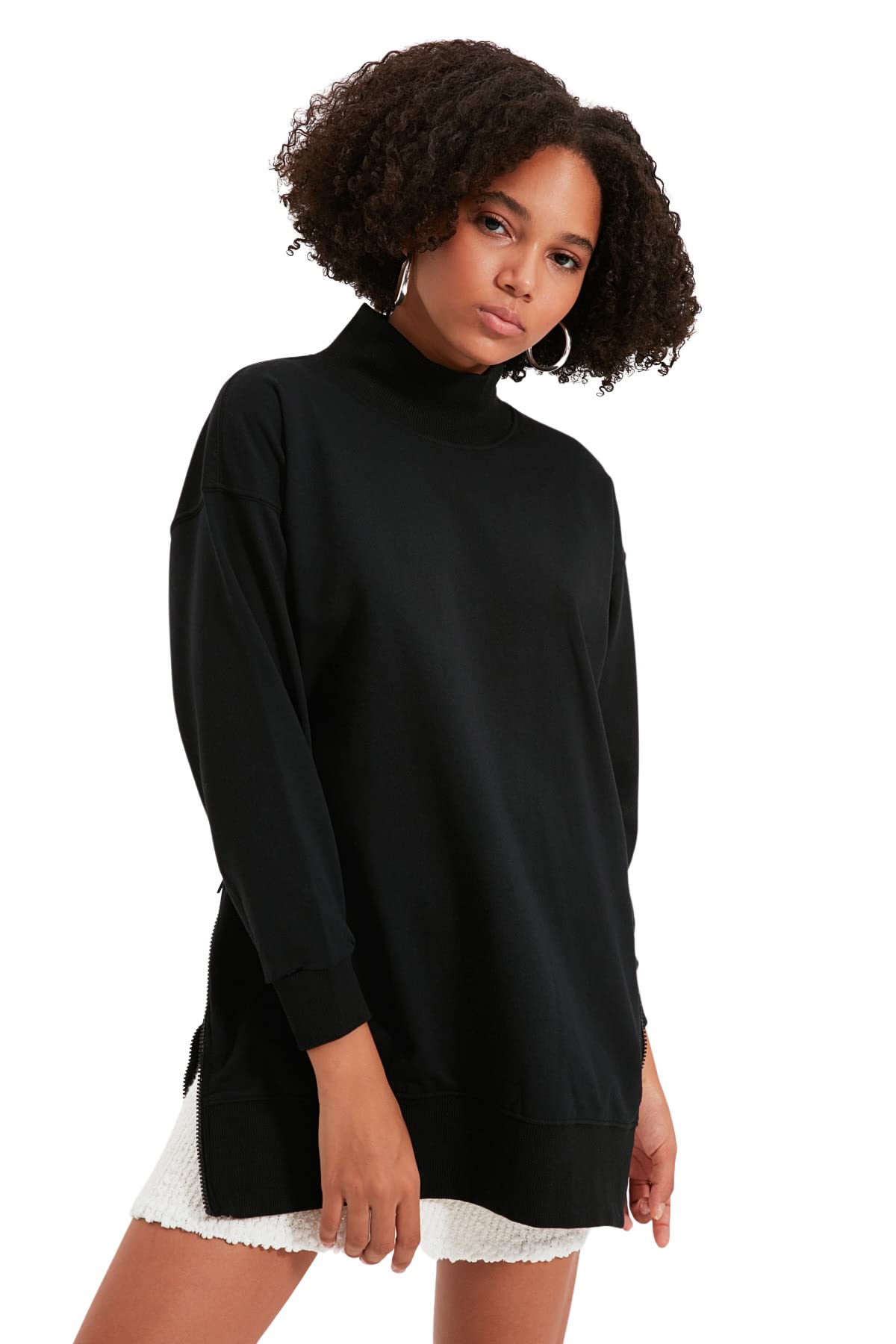 Trendyol Damen Schwarz Stehkragen Einfarbig Oversize Sweatshirt, S, 36