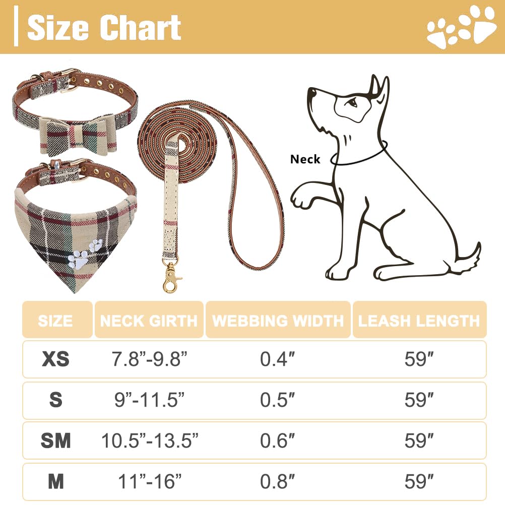EXPAWLORER Classic Plaid Dog Collar with Bow Tie and Pawprint Bandana, No Tangle Lead, Adjustable for Small Medium Dogs Brown Medium - Image 4