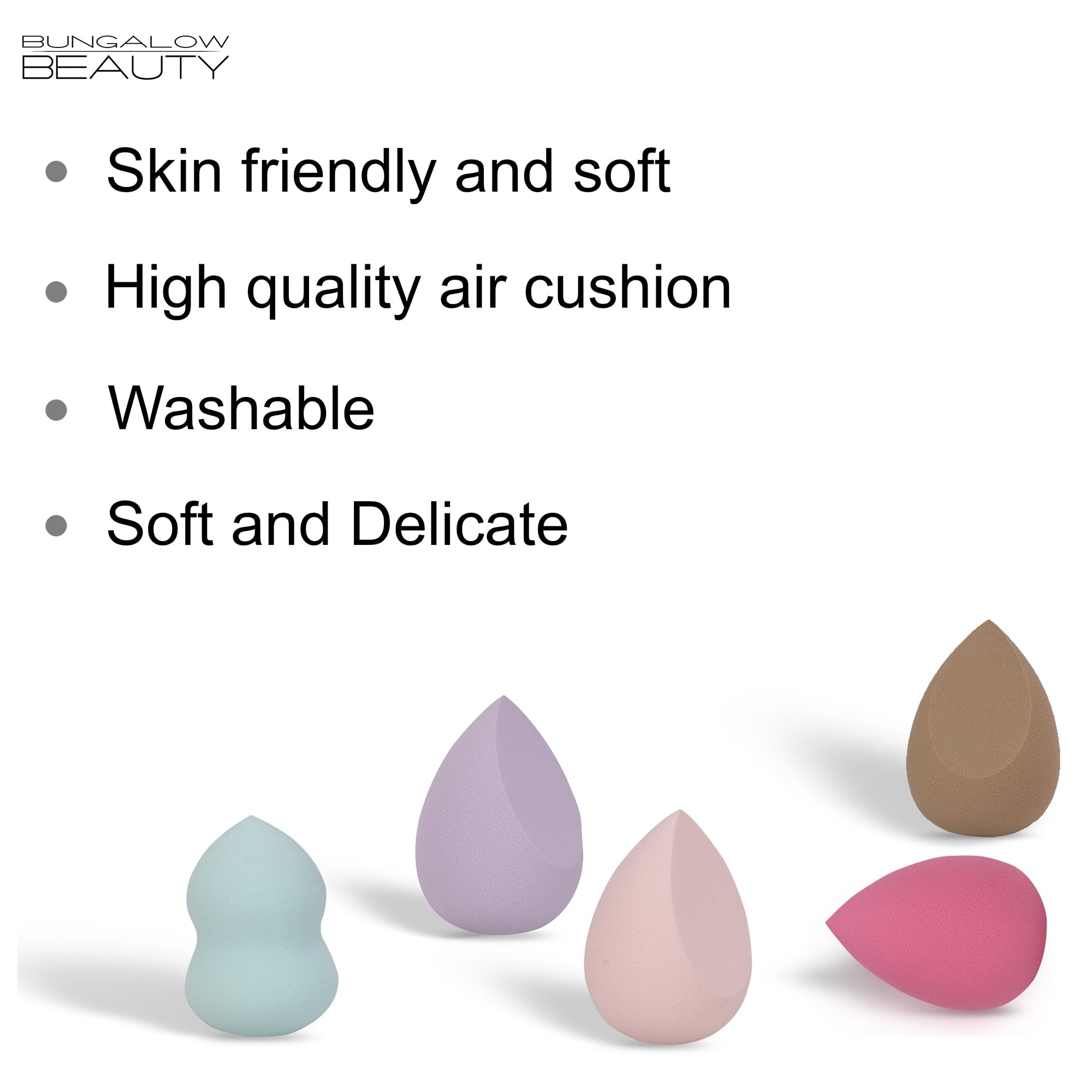 BUNGALOW BEAUTY Makeup Blending Sponge Set, Reusable | Foundation Blender | Easy to clean I Latex-free Suitable for Sensitive Skin 5 pcs in Asorted colour 1
