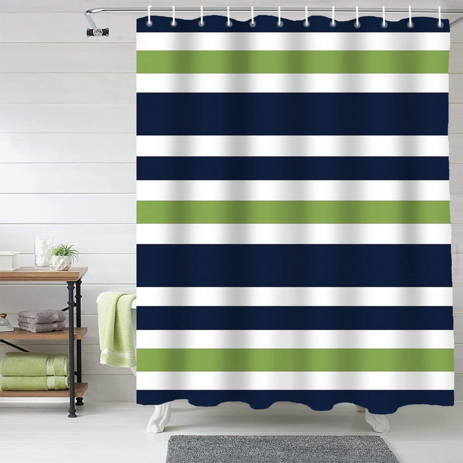 Navy Blue, Lime Green and White Kids Bathroom Fabric Bath Stripes Shower Curtain,36x72inch