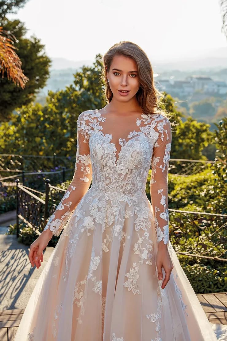 Damen Spitzenapplikationen Blumen Tüll Brautkleider Standesamt A-Linie Boho Strand Prinzessin Hochzeitskleid Mit Schleppe