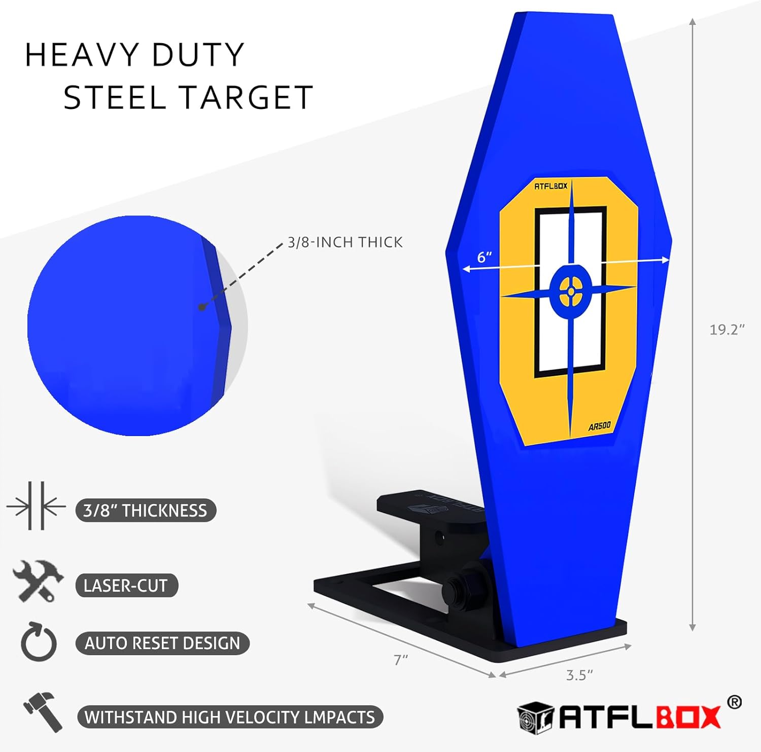 Atflbox 3/8'' AR500 Auto Reset Target, 12.5x6 inch Classic Popper Steel Shooting Target for Shooting Range, Suitable for Pistol, Rifle, Handgun, Shotgun, Rimfire