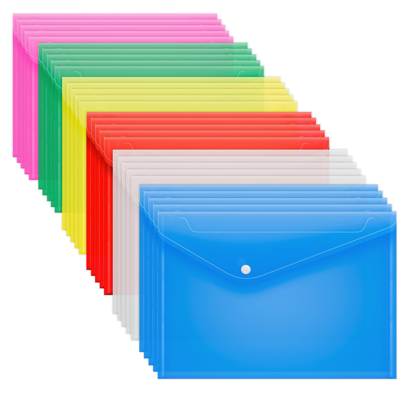 A4 Plastic Wallets 30Pcs File Folder Document Wallets Waterproof Plastic Wallet Transparent Colours with Button Storage and Organization Office Supplies