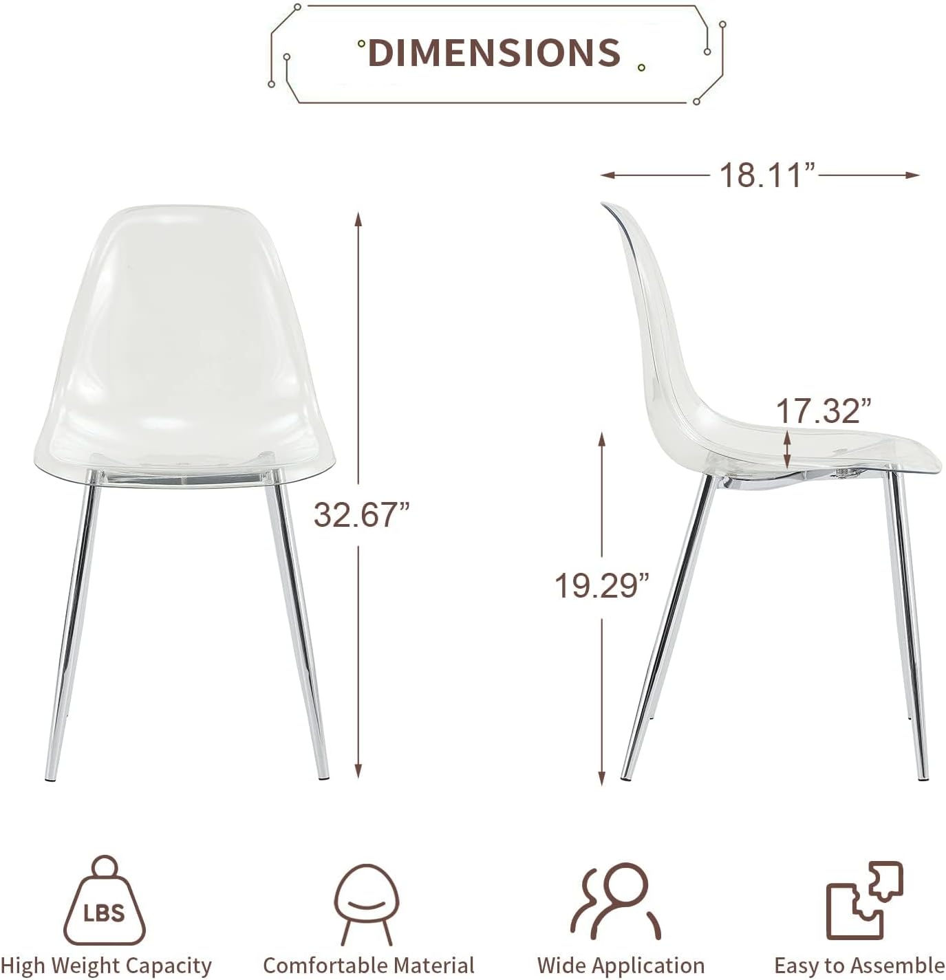 Baysitone Clear Dining Chairs Set of 4, Modern Kitchen Chairs with Transparent Seat, Acrylic Accent Side Chairs with Metal Legs for Dining Room, Kitchen, Living Room with Silver