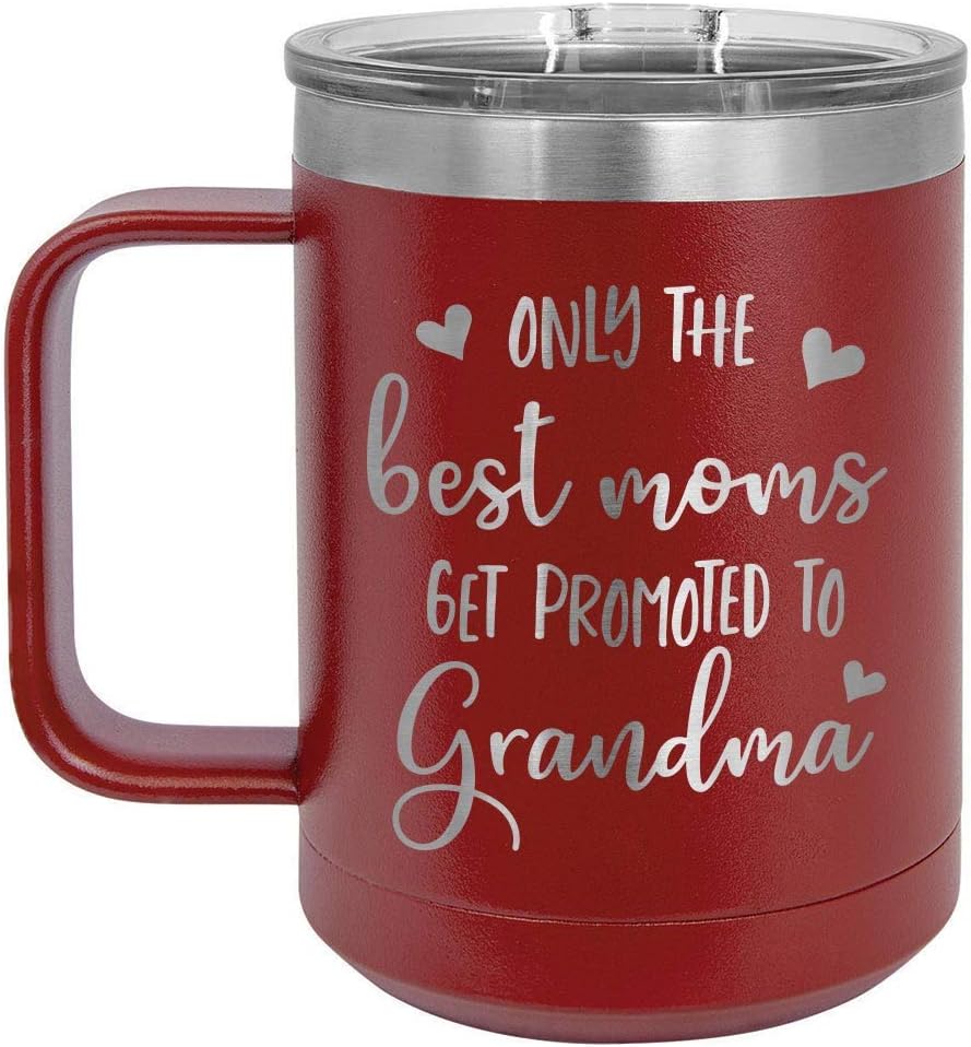 ONLY THE BEST MOMS GET PROMOTED TO GRANDMA Coral 15 oz Coffee Cup w/Slide Top Lid | Insulated Travel Coffee Mug | Birthday Or Christmas Gift Ideas From Women or Men | Compare To Yeti Rambler