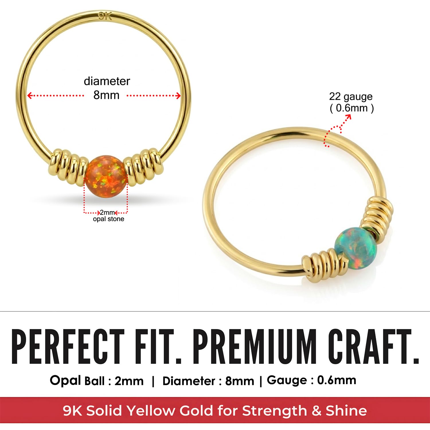 Monster Piercing Solider Stein Opal Gelbgold 9 K mit Doppelfeder Spule 22 Gauge Hoop Nasenring Tragus Helix