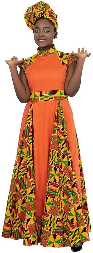 ABCWAX African Dresses for Women Long Skirt Traditional Ankara Kente Print Casual with Scarf - Image 3