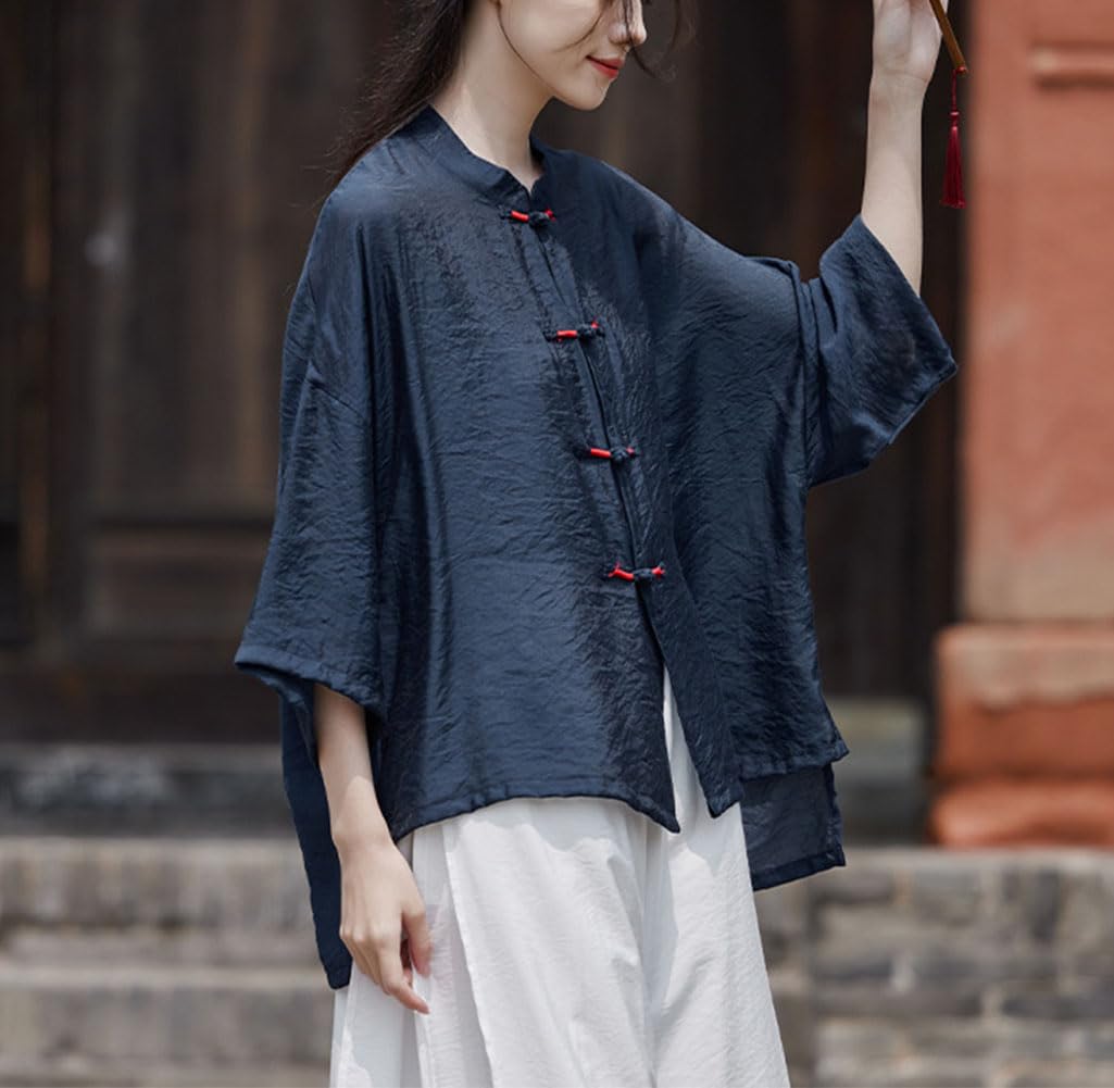 Camicia cinese da donna con colletto alto e bottoni a forma di rana, maniche larghe a 3/4, camicia da tè zen allentata