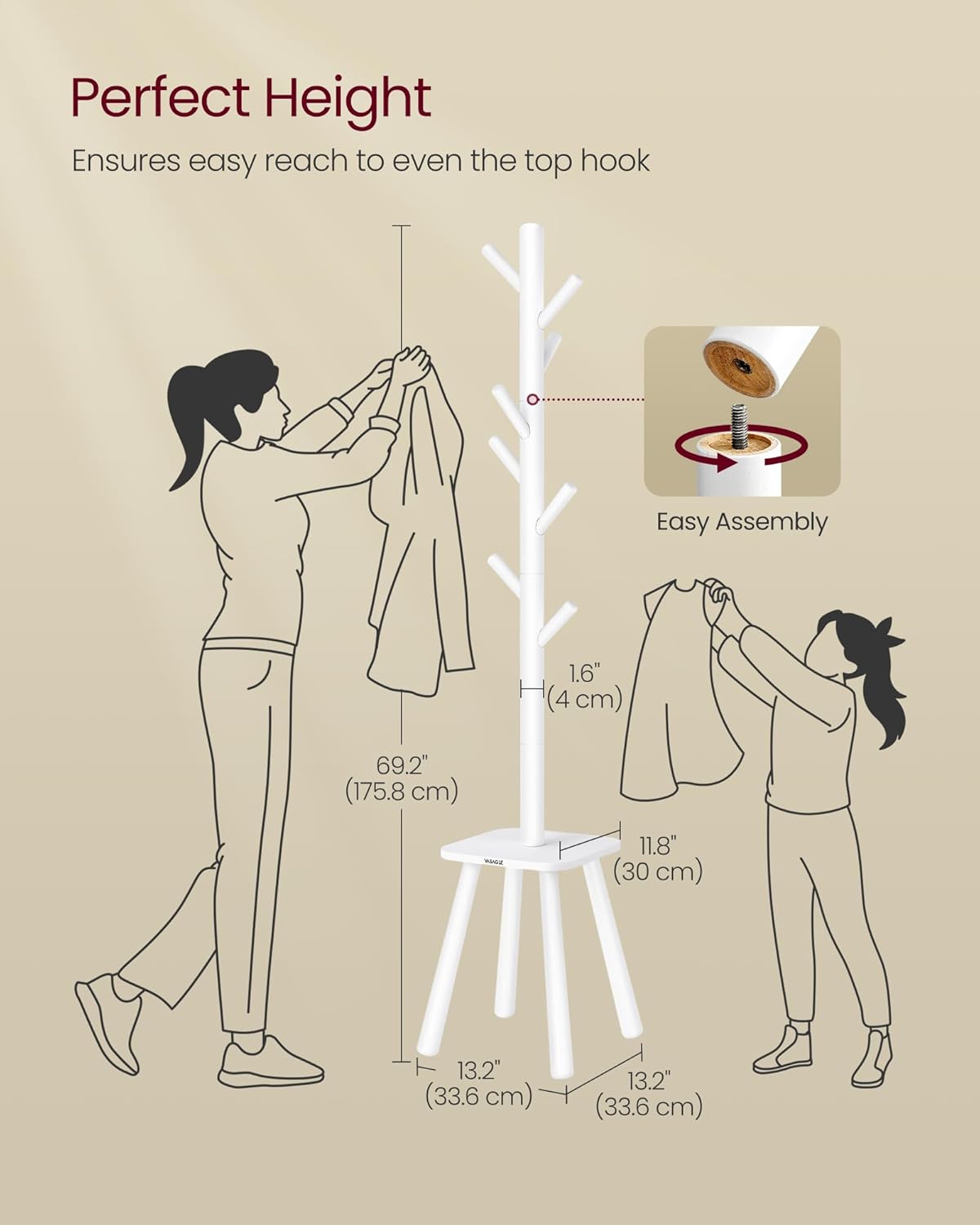 VASAGLE Coat Rack, Free Standing Coat Stand, Hall Coat Tree with 8 Hooks and Storage Shelf, 69.2 Inch Tall, for Coats, Hats, Bags, for Entryway, Hallway, Bedroom, Cloud White URCR033W01