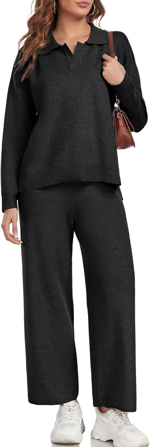 Women’s 2 Piece Sweater Sets Long Sleeve Knit Lounge Sets Pullover Wide Leg Pants Sweatsuit