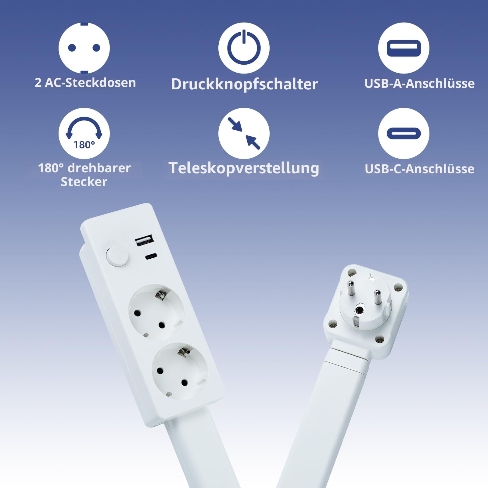 Steckdosenverlängerung mit USB-A-, USB-C- und 2 AC-Steckdosen, Wandsteckdosen-Erweiterungsstift, ausziehbarer, drehbarer Steckdosenadapter für Nachttische, Sofas, Schreibtische und andere schwer zugän