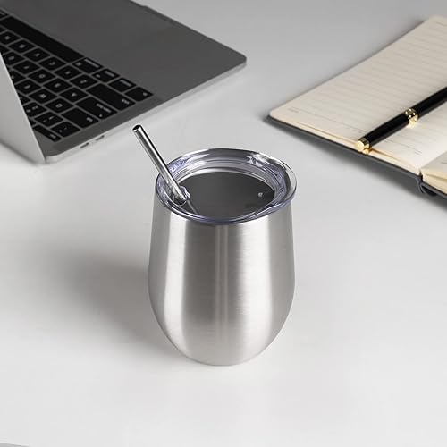 Miniatura 5 de Vaso de vino aislado de 12 onzas con tapa y pajita, vaso de vino de acero inoxidable sin tallo de doble pared, vaso de vino al vacío a granel para