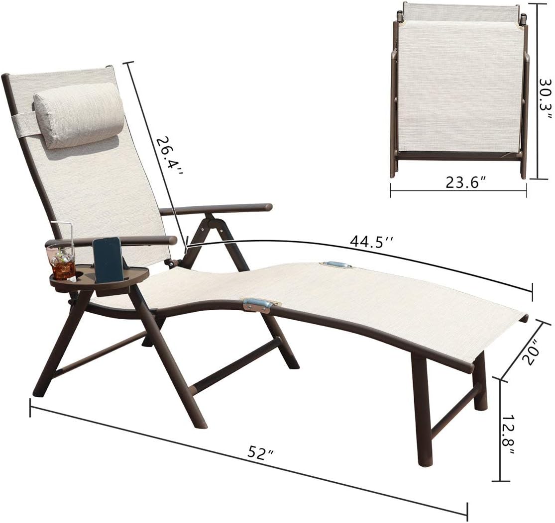 GOLDSUN Aluminum Outdoor Folding Reclining Adjustable Patio Chaise Lounge Chair with Pillow for Poolside Backyard and Beach Set of 2 (Set of Two, Beige) : Garden & Outdoor