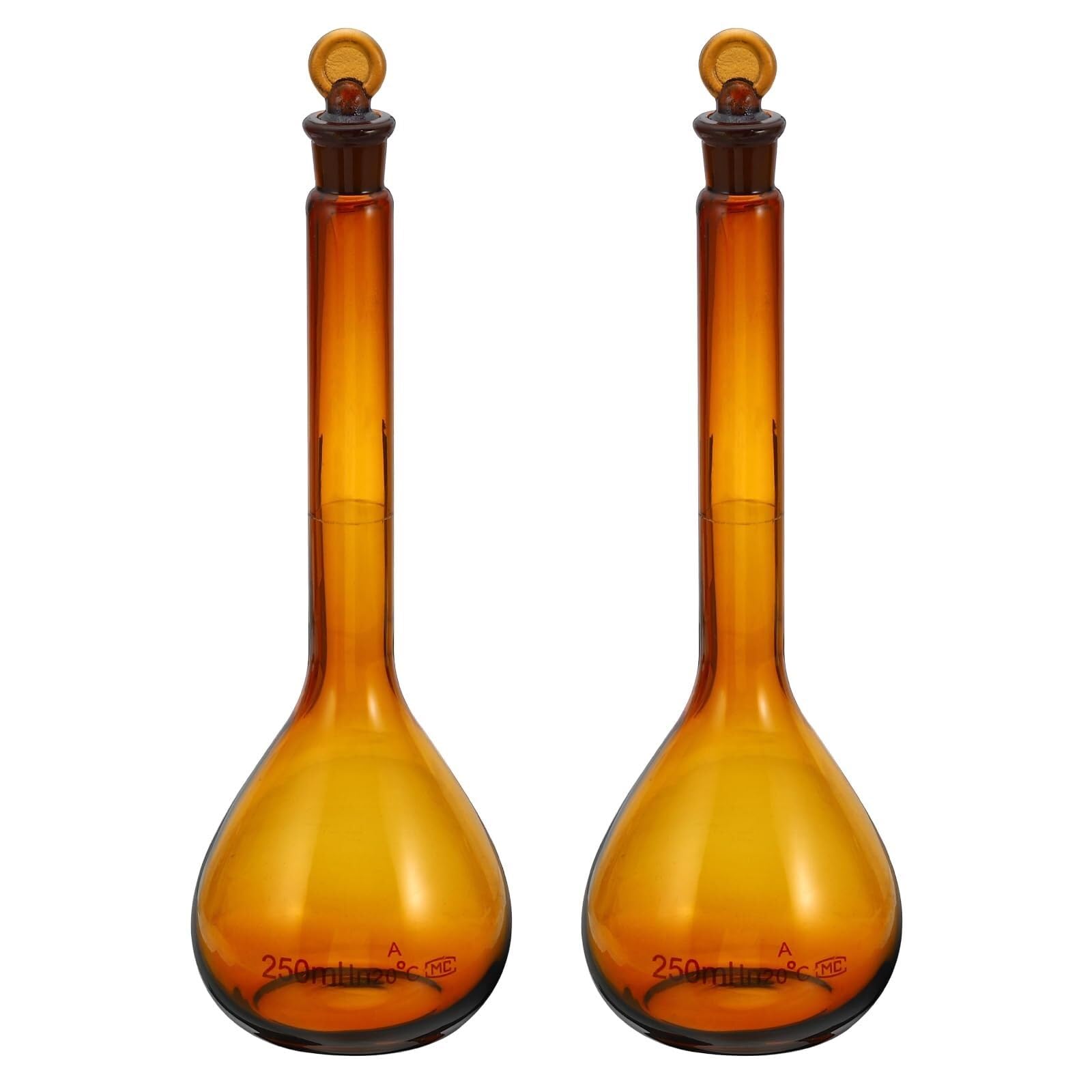 Matraz aforado 250ml ámbar de vidrio borosilicato con tapón - Precisión ±0,15ml, Paquete de 2 para experimentos de laboratorio