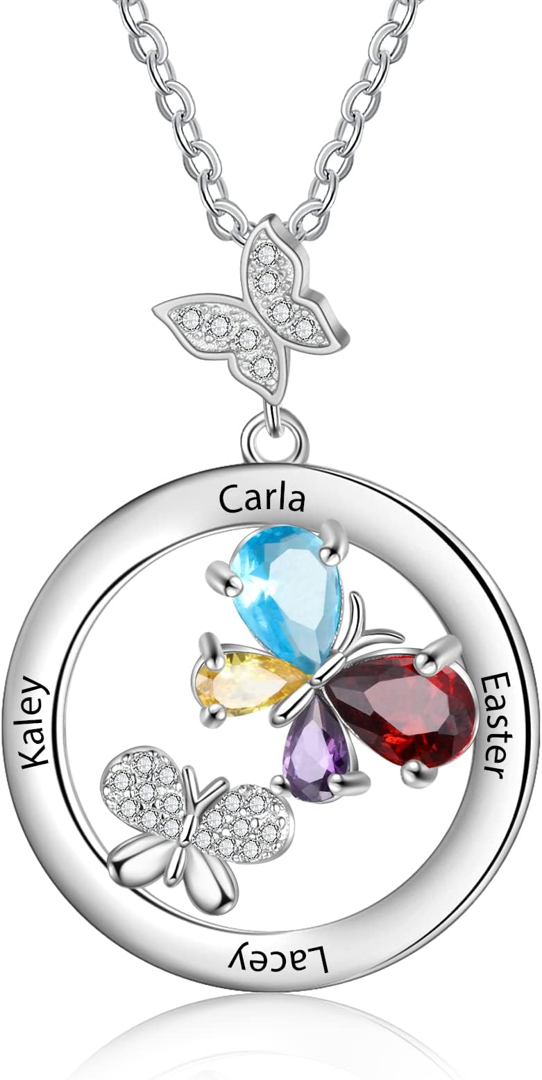 Custom Mothers Circle Butterfly Name Necklace with 2-6 Simulated Birthstones Personalized BFF Sisters Name Necklace Family Mom Grandmother Necklace