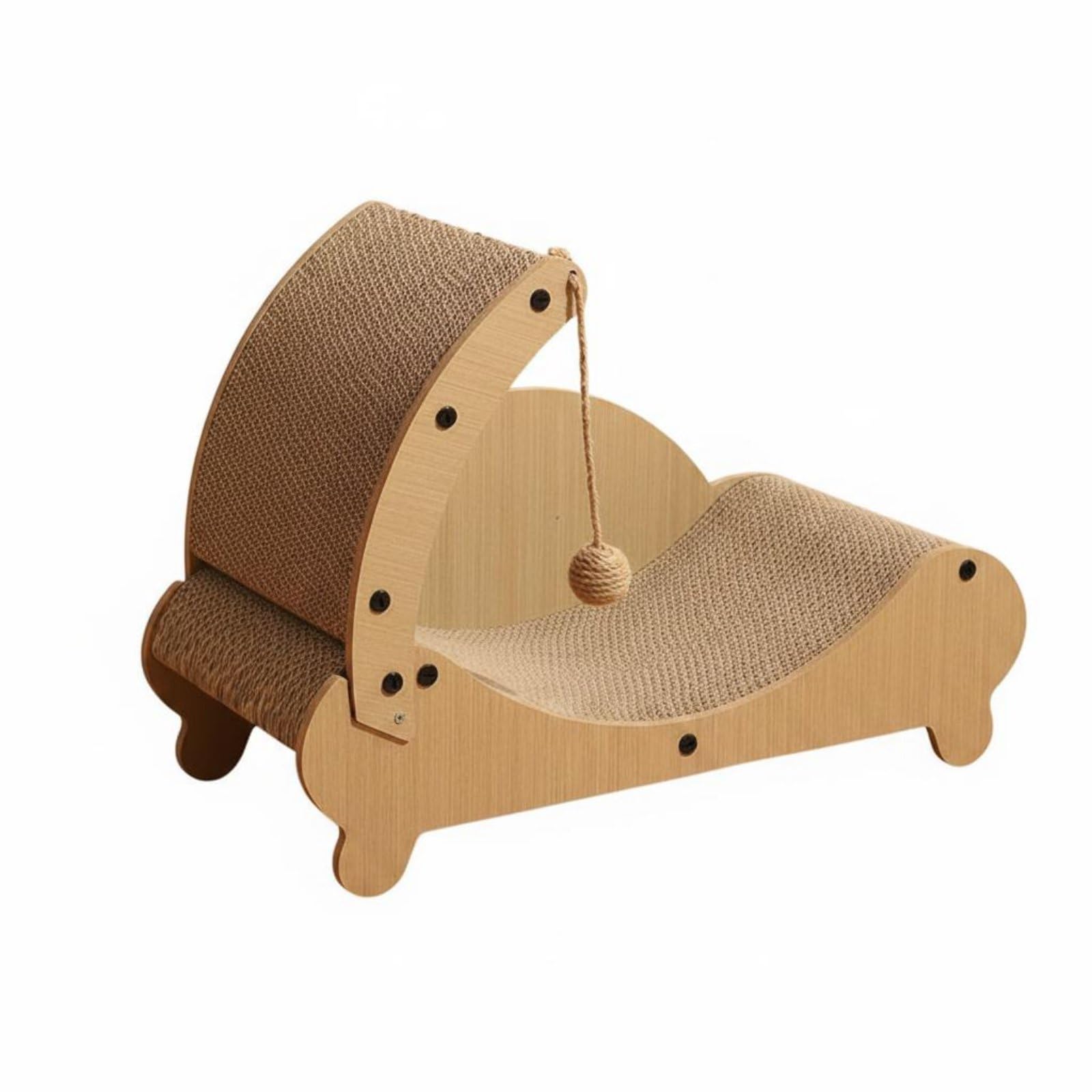 Kratzbrett Katzen Kratzmöbel Kratzbett Kratzmatte aus Wellpappe Und Holz mit Sisalspielball Und Sicherem Stand für, Mond-Chaiselongue