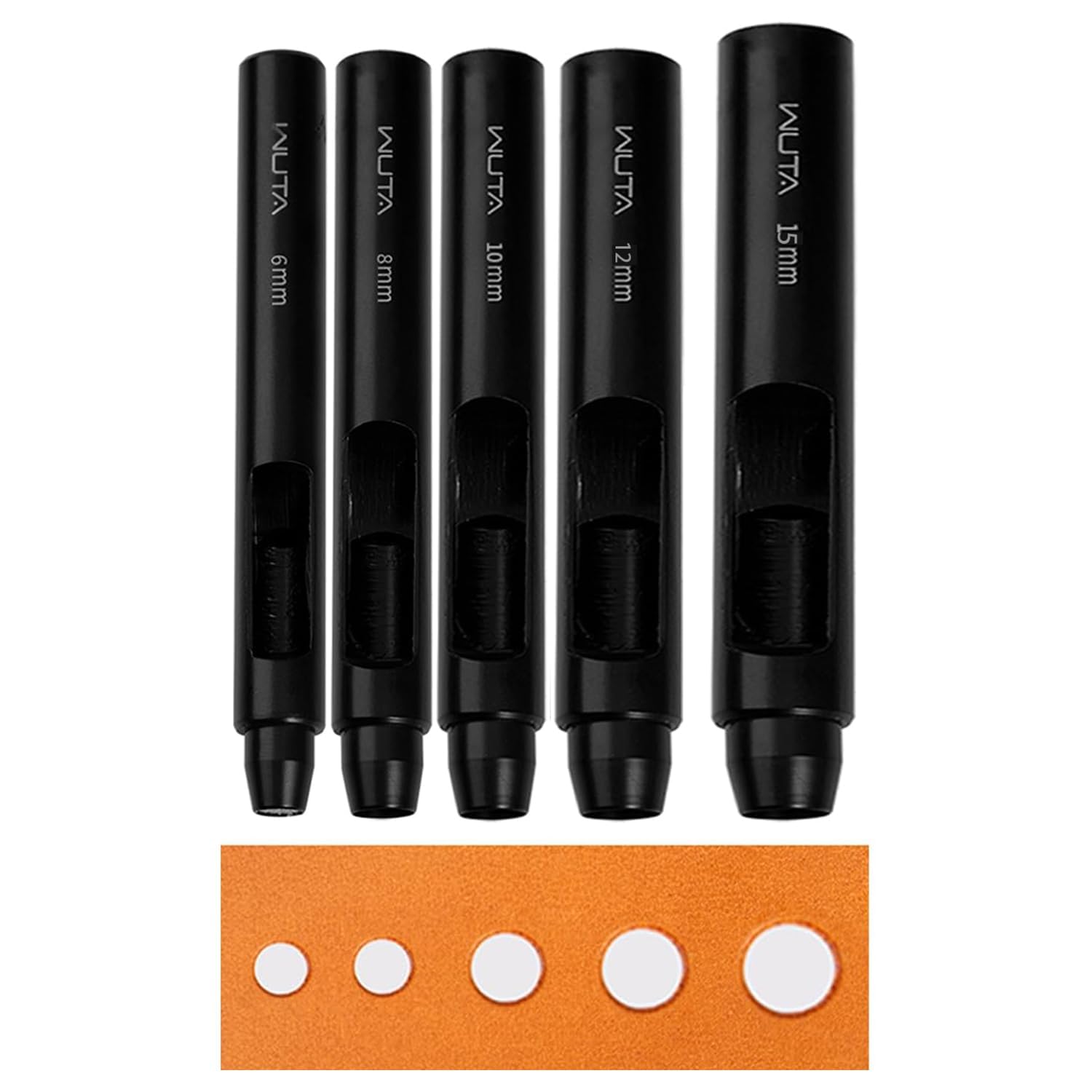 WUTA 5 Pcs Basic Round Hole Punch Set - Black Carbon Steel Hollow Puncher for Leather DIY Crafts, Watches, Belts, Fabric & Plastic(6+8+10+12+15mm)