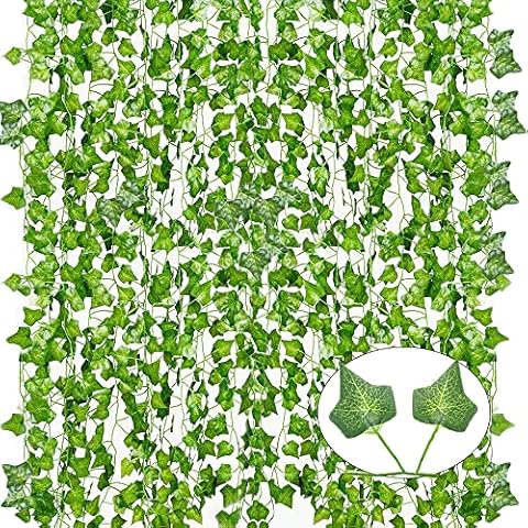 12 Pack Artificial Ivy Fake Vines for Bedroom Aesthetic, 84 Feet, Greenery Leaves UV Resistant, Hanging Plant Decoration for Wedding, Party, Garden, Office, Wall. Vine Garland Cover