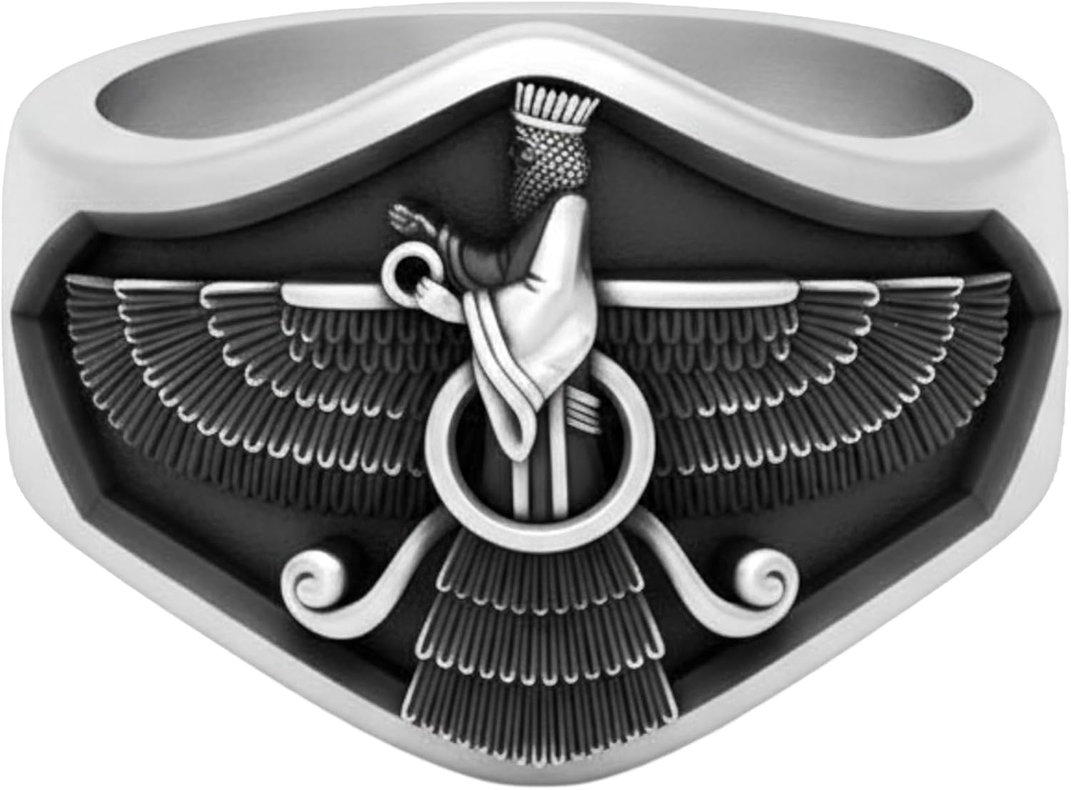 Faravahar Ahura Mazda Ring 925 Sterling Silver Persian Signet for Men | Handcrafted to order in 60 sizes, solid 925 sterling silver with two-tone finish, meaningful Zoroastrian heritage gift
