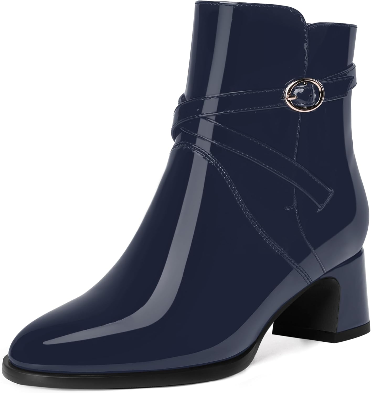 MODENCOCO Womens Slip On Comfortable Patent Casual Dating Round Toe Chunky Low Heel Ankle High Boots 2 Inch