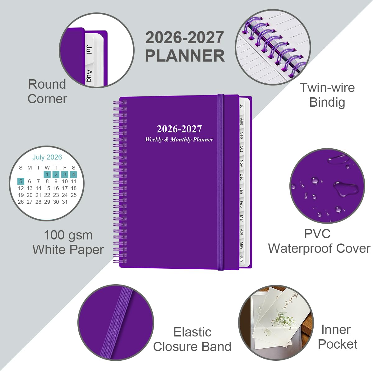 Planer 2025-2026 – Akademischer Planer 2025-2026 von November 2025 bis Dezember 2026 mit 12 monatlichen Registern, flexiblem Einband, Innentasche, 21,6 x 27,9 cm, Violett-B