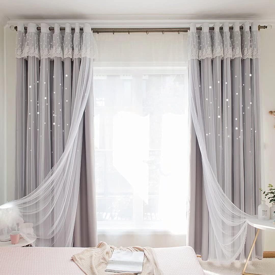 Best Cyber Monday 🔥 Stars Blackout Curtains for Kids Girls Bedroom Living Room Double Layer Star Cut Out Window Curtains(Gray, 1PC W52 x L108)