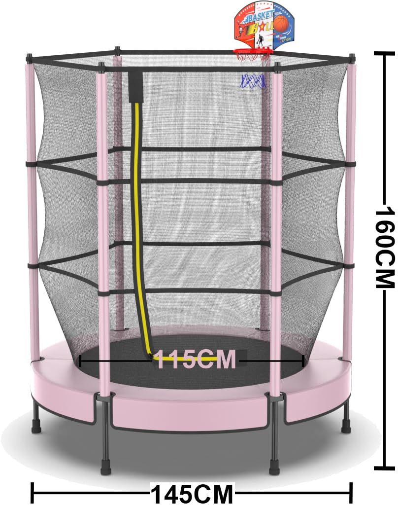 PILIN Trampoline Enfant Avec Panier De Basket 145 Cm – Intérieur & Extérieur, Filet De Sécurité Surélevé, Ressorts Antirouille – Idéal Cadeau Anniversaire Garçons Filles 1-8 Ans