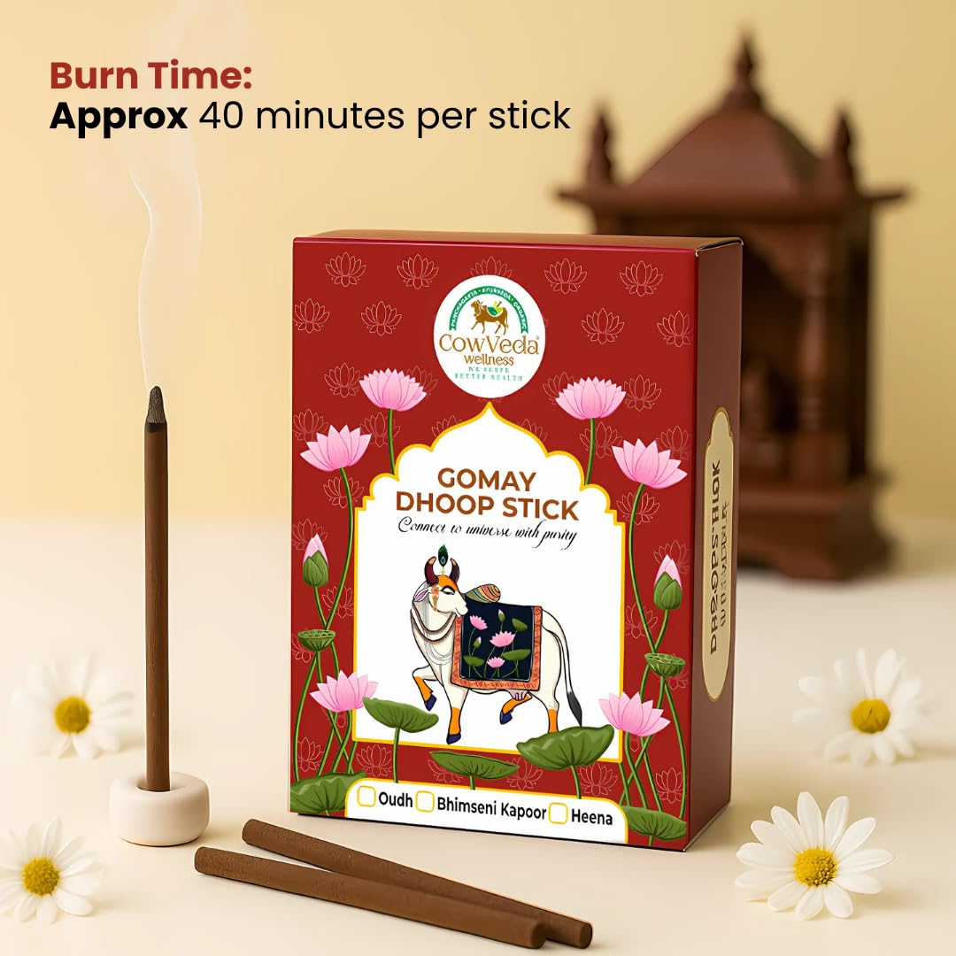 CowVeda's Divine Aroma Combo β Panchgavya Vastu Samruddhi Cup (2 Packs) + Gomay Dhoop Stick Heena & Oudh (2 Packs) | 100% Natural Panchgavya & Ayurvedic Fragrance | Chemical Free 1