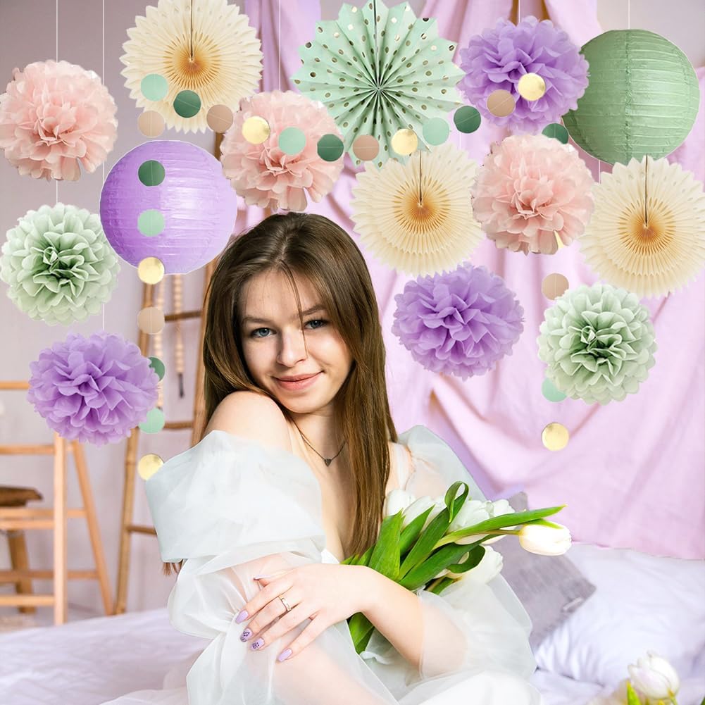 Sage Green and Purple Party Decorations Baby Shower Girl Decorations Sage Green Purple Pink Birthday Party Light Purple Blush Pink Tissue Paper Pom Poms Beige Fans Kit for Wedding Engagement - Image 5