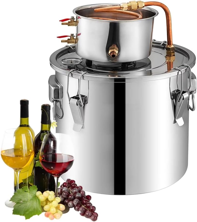 Purifying Water Alcohol Distiller, 3Gal 11L Moonshine Still Copper Tube Spirit Boiler with Thumper Keg and Build-in Thermometer for Home Brewing and DIY Whisky Wine Brandy Making