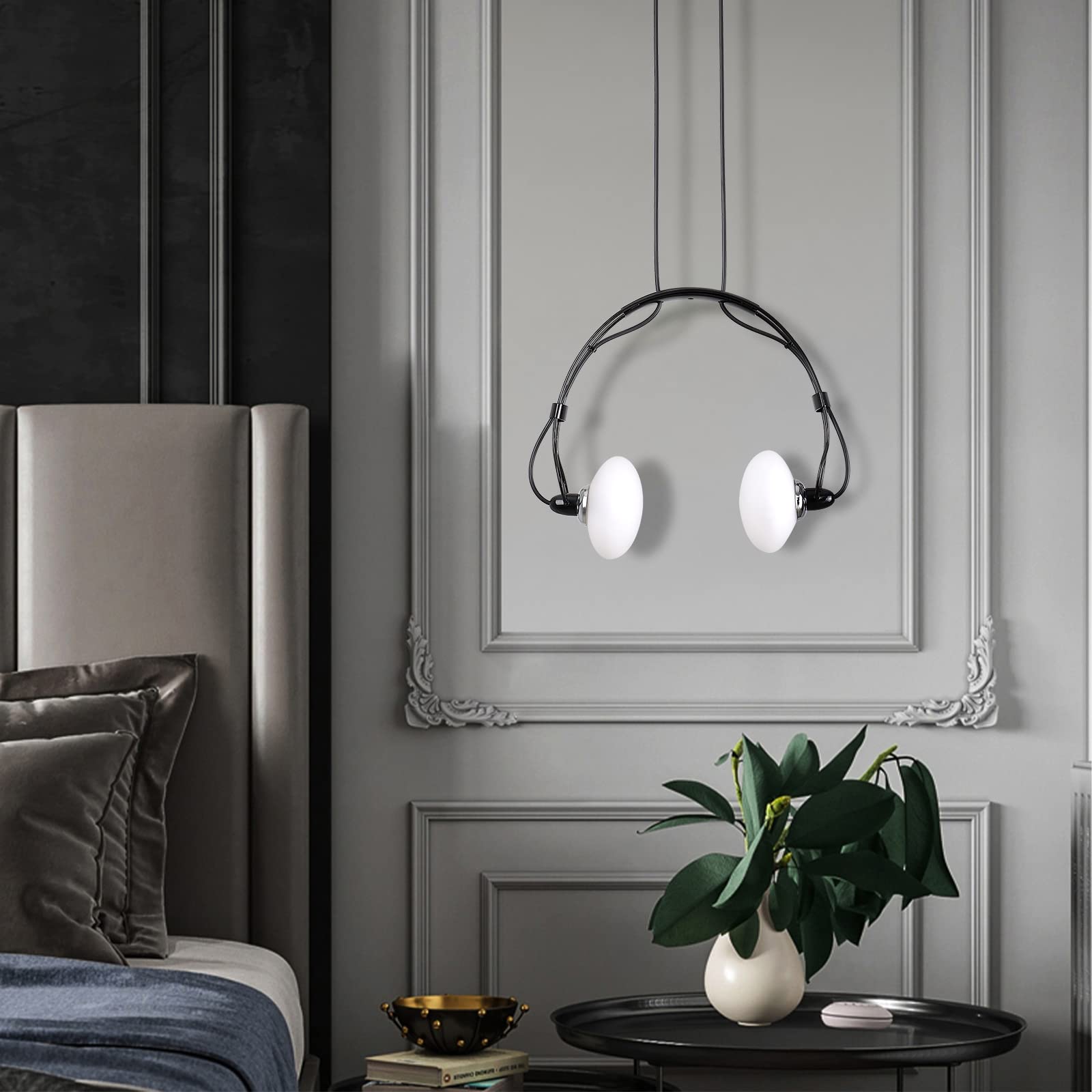 Kreatywna lampa wisząca LED, nowoczesna, żelazna, regulowana, wisząca lampa do jadalni, sypialni, szklany żyrandol, lampa sufitowa, 2 x żarówka G4, w zestawie (słuchawki, czarna)