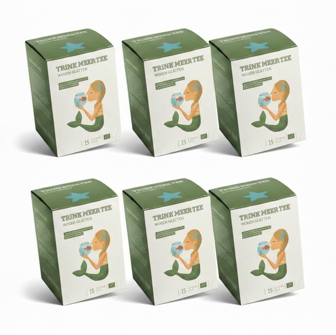 6 x Trink Meer Tee Wogen Glätten, Premium Grüner Sencha, Mango Pfirsich | Handgenähte Kissenbeutel mit aromatisiertem Sencha – ein entspannender Genussmoment als Tee-Geschenkset mit maritimem Design