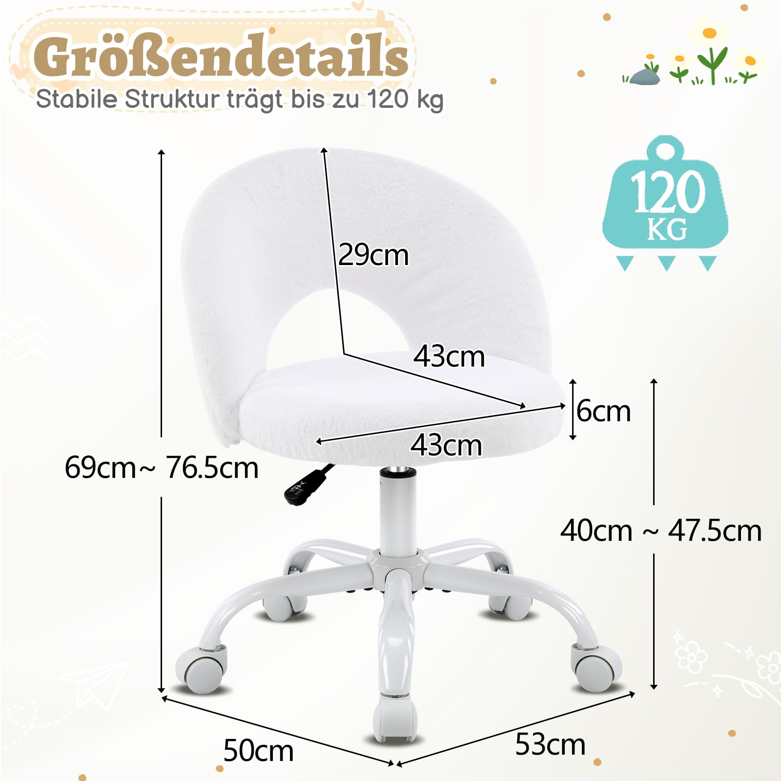 VINGLI Bürostuhl mit Rollen, Drehstuhl für mädchen Zimmer, Weiß