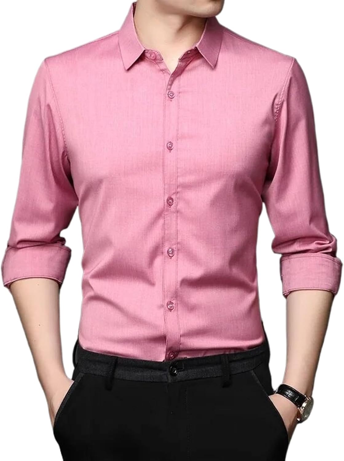 Men Solid Color Spring Autumn Long-Sleeved Shirt Men's Business Casual Lapel Shirt Tops