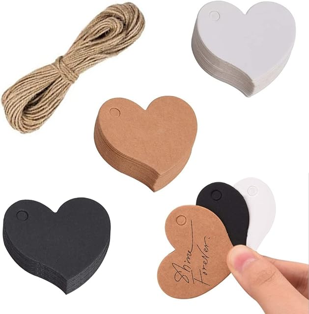 KEUGT 102 PCS Heart Shaped Gift Tags,Kraft Paper Gift Tags Labels,Hearts Blank Favors Labels,DIY Paper Hang Tags with 10m String for Wedding,Valentine' Gift,Party Supplies(Black, White, Kraft)